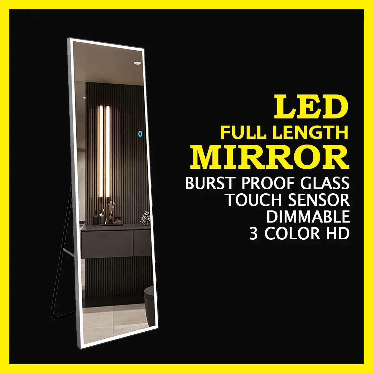 LED Dimmable Full Length Mirror with Stand, Touch Sensor, 3 Color Modes, Wall Mounted & Floor Mirror, White Bathroom Mirror