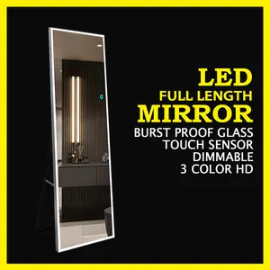 LED Dimmable Full Length Mirror with Stand, Touch Sensor, 3 Color Modes, Wall Mounted & Floor Mirror, White Bathroom Mirror