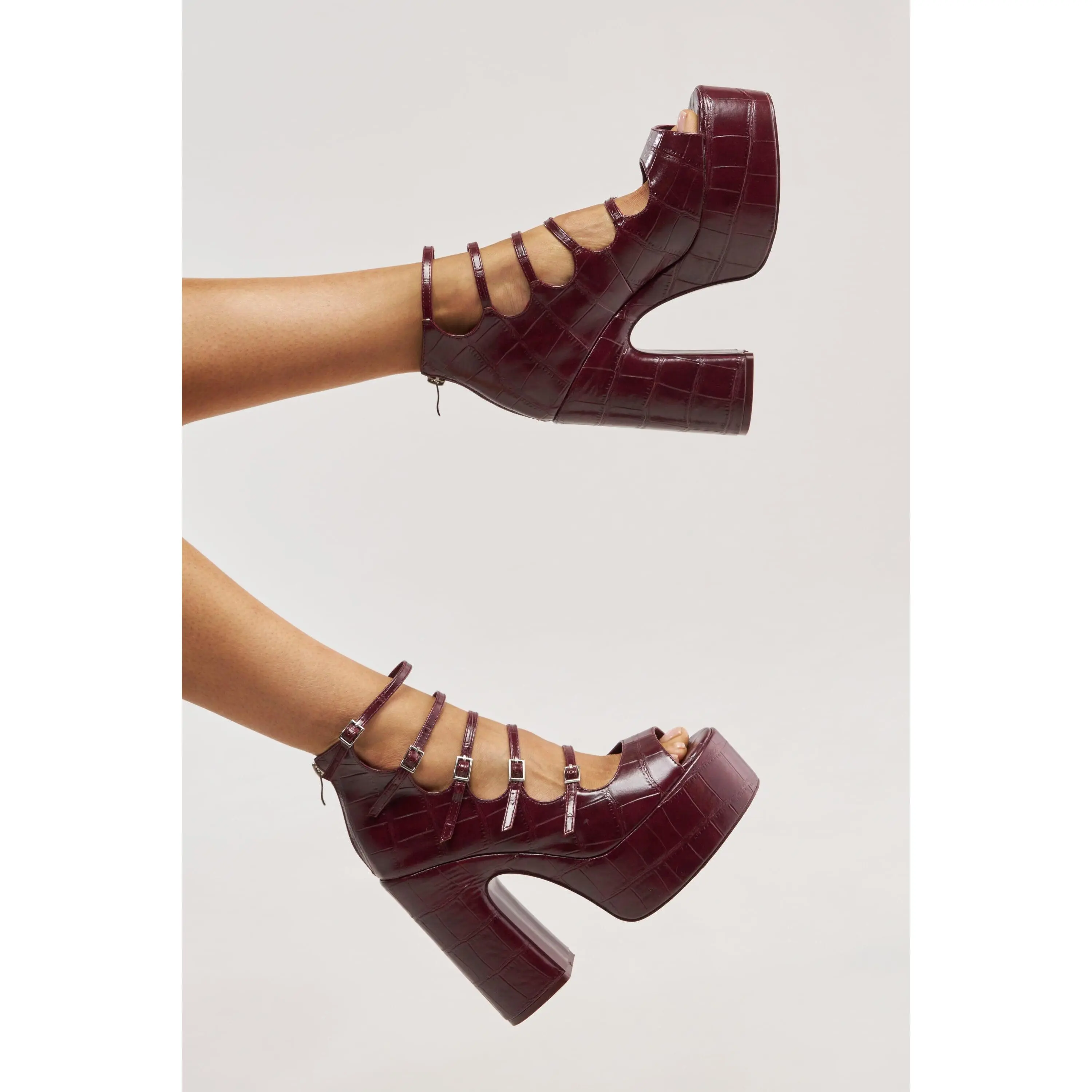 AZALEA WANG SMITTEN BURGUNDY PU STRAPPY BLOCK HEEL SANDAL