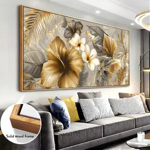 Wooden frame wall painting: Golden hibiscus flowers and Leaves - Modern abstract Floral wall painting - 20-inch × 40-inch canvas printed poster art, can be hung at any time, suitable for living room, bedroom, office and home decoration