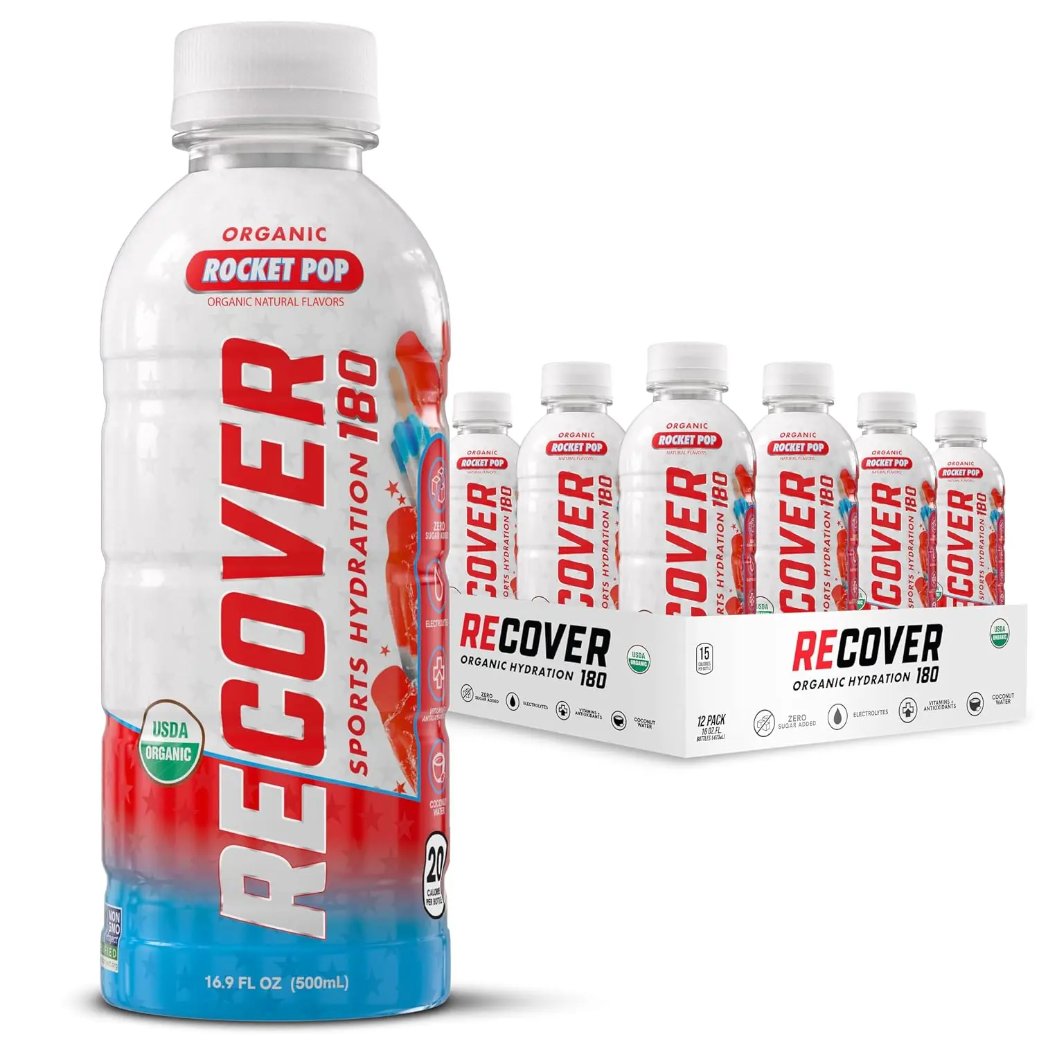 RECOVER 180 Organic Coconut Water Sports Hydration Drink, No Sugar Added, 20-Calorie Beverage, Organic Flavors, Vitamins, Potassium-Packed Electrolytes (16.9 Fl Oz, Pack of 12, Rocket Pop)