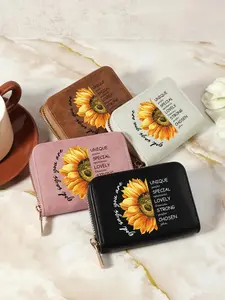 Fashionable Letter & Sunflower Pattern Short Wallet, Casual Versatile Zipper Credit Card Holder, Simple All-match Purse for Women for Daily Life
