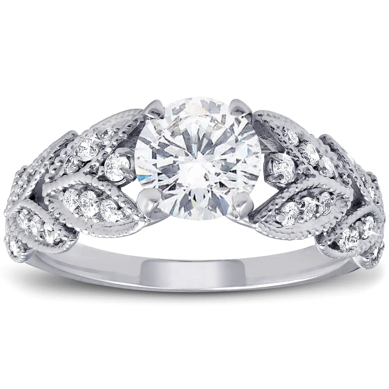 1ct Diamond Engagement Ring Vintage Petal Vine Leaf Band 14k White Gold