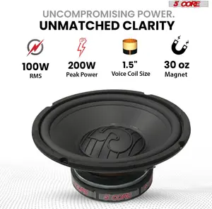 5 CORE 8 Inch Car Woofer Audio 200W 4Ohm Deep Bass Replacement Subwoofer 55-5kHZ Frequency Polypropylene Cone 86dB Sensitivity CCAW Voice Coil Component