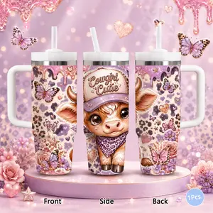 Cute Western Highland Cow Vacuum Flasks 40oz Stainless Steel Vacuum Insulated Tumbler with Handle & Straw | Long-Lasting Cold & Heat Retention, Leak-Resistant | For Iced Coffee, Water, Office, Gym & Travel
