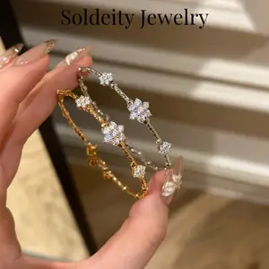 Dainty Sparking Cubic Zirconia Flower Jewelry Set Adjustable Bracelet Necklace Ring Elegant Luxury Feminine Gift