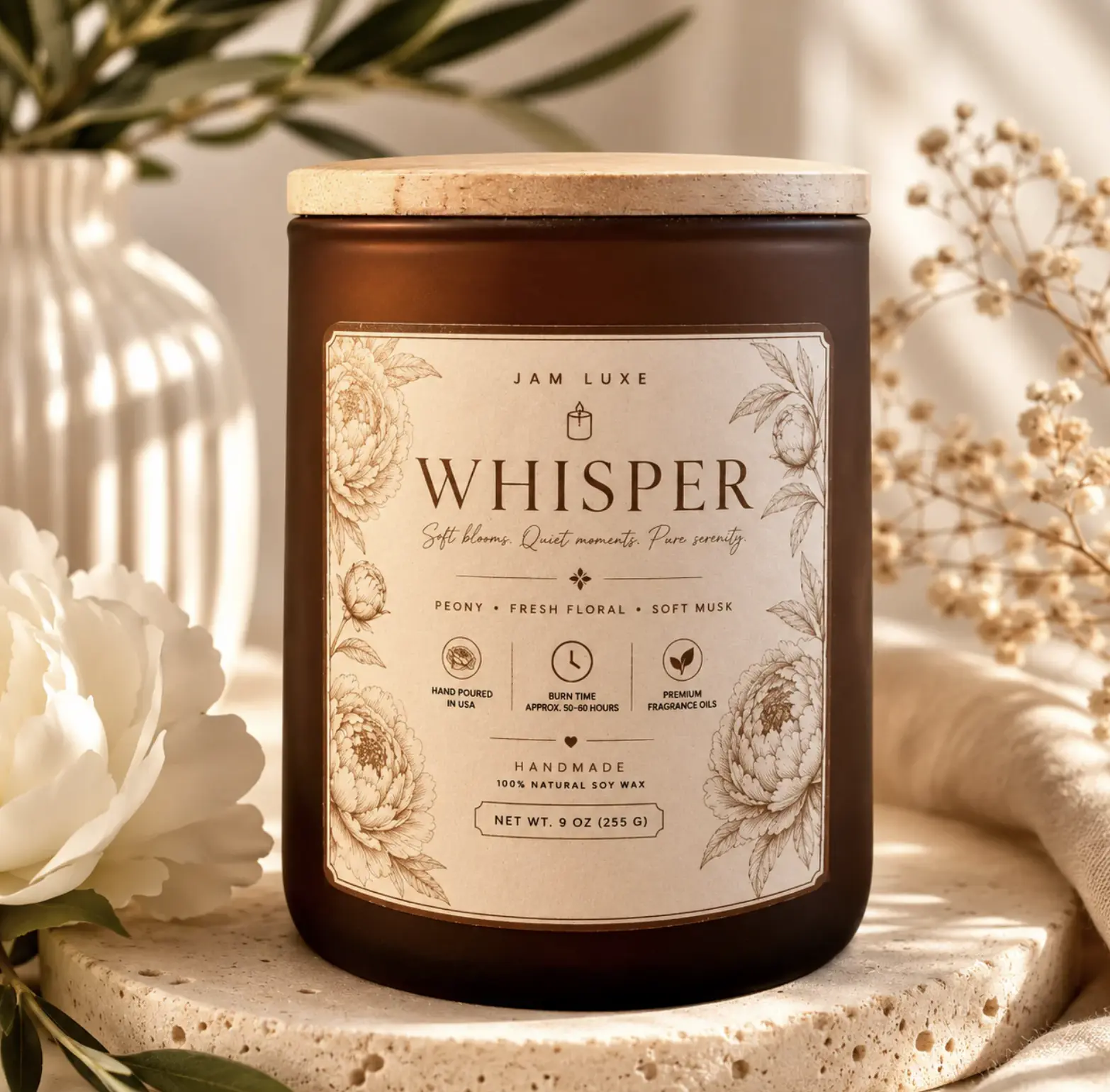 Whisper Candle – Peony, Fresh Floral & Soft Musk | 9 oz Natural Soy Wax Candle