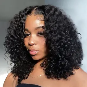 16Inch Short Curly Wave Human Hair Wigs 180 Density 13x4 Curly Bob Wig Human Hair for Women Virgin Human Hair Pre Plucked Wet and Wavy with Natural Hairline