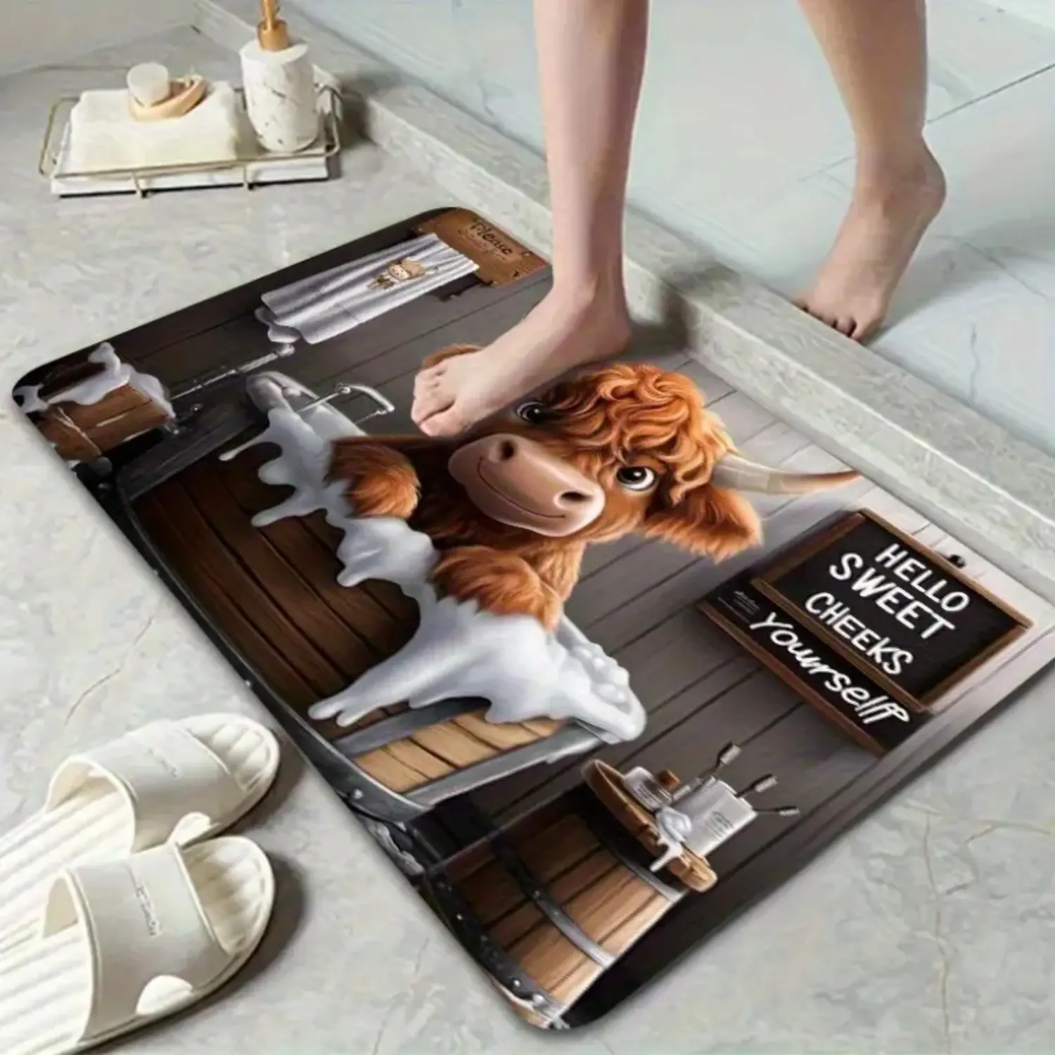 Scottish Cow Bath Mat Cute Highland Cow Bathtub Design Soft Absorbent Stone Mat - Soft Diatomite Material Non-Slip Soft Stone Bath Mat, Bath Tub Mat Suitable for Bathroom, Shower, Bathtub - Washable Scottish Cow Themed Bath Accessory