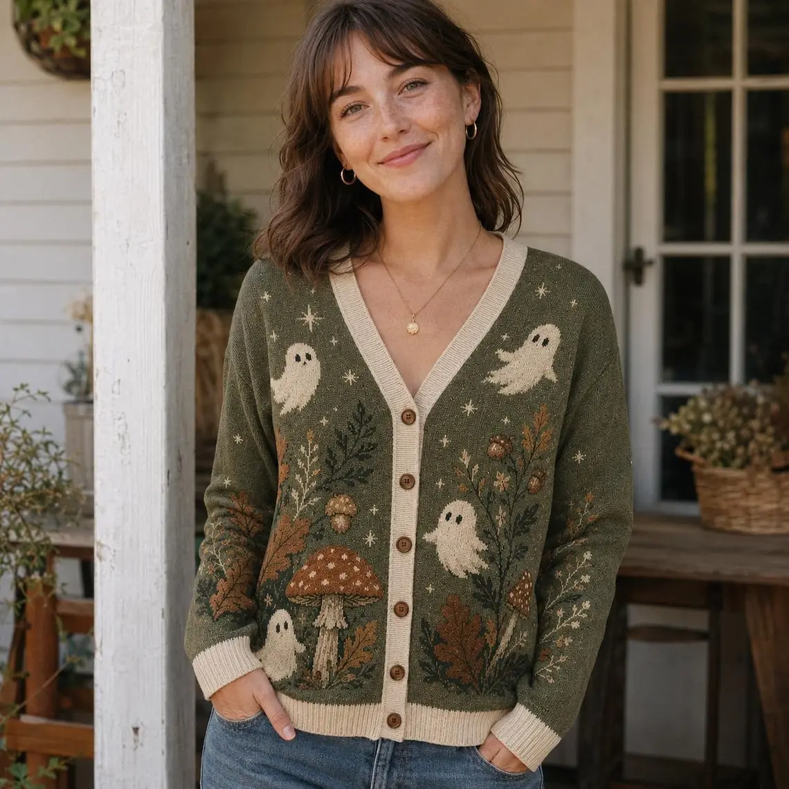 Forest Ghost Cardigan, Vintage Mushroom and Oak Leaf Artwork, Whimsigoth Cottagecore Sweater for Spooky Autumn Style