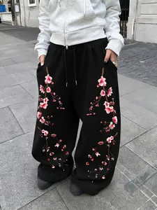 Unisex Waist Drawstring Straight Leg Fitted Pants, Floral Pattern, Casual Comfortable Daily Wear, All Seasons, Sporty & Home Clothing