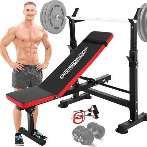 【TikTokShopBlackFriday】OPPSDECOR Olympic Adjustable Multi-Position Workout Bench - 600lb Capacity Unisex Home Gym Equipment with Free-Weight Lifting Rack, Barbell Pad, Hip Abduction Machine, Vibration Plate, Steel Frame, Space Saver for Full-Body Training