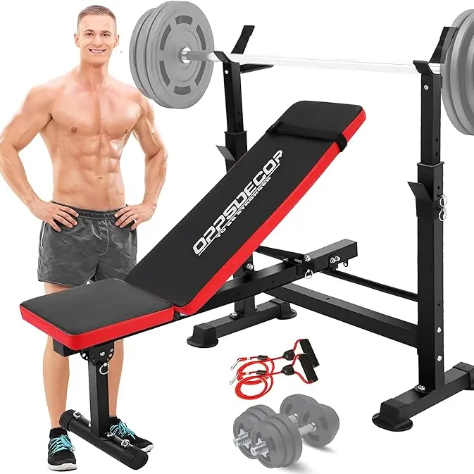【TikTokShopBlackFriday】OPPSDECOR Olympic Adjustable Multi-Position Workout Bench - 600lb Capacity Unisex Home Gym Equipment with Free-Weight Lifting Rack, Barbell Pad, Hip Abduction Machine, Vibration Plate, Steel Frame, Space Saver for Full-Body Training