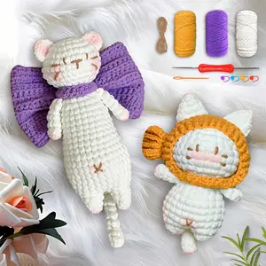 2pcs Charming Cats Crochet Kit, Complete Craft Set with Crochet Hook, Instruction Manual and Detailed Video Tutorial for Beginners