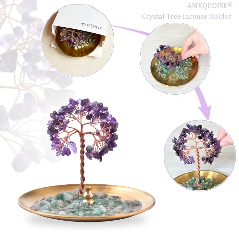 Incense Holder for Sticks, Healing Crystal Stone Money Tree Incense Burner, Ash Catcher for Yoga, Meditation and Home Decor