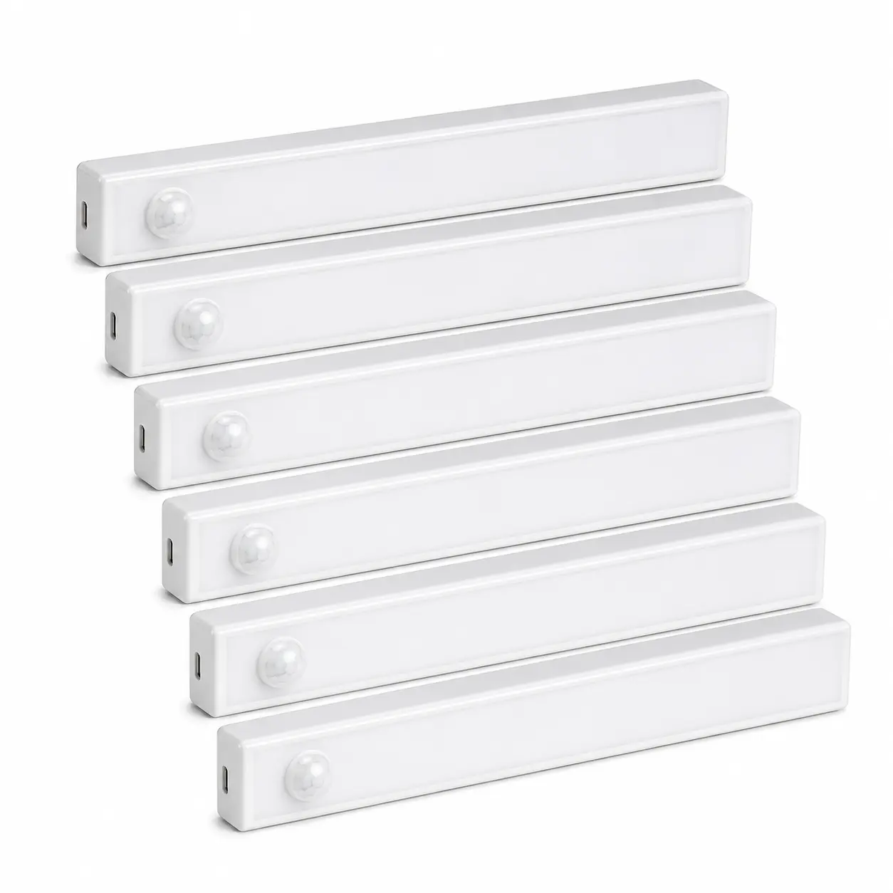6-pack motion-sensor cabinet lights, USB-C rechargeable wireless magnetic LED lights, support 3 lighting modes, adjustable brightness, easy installation, suitable for kitchens, closets, stairs, and bedrooms.
