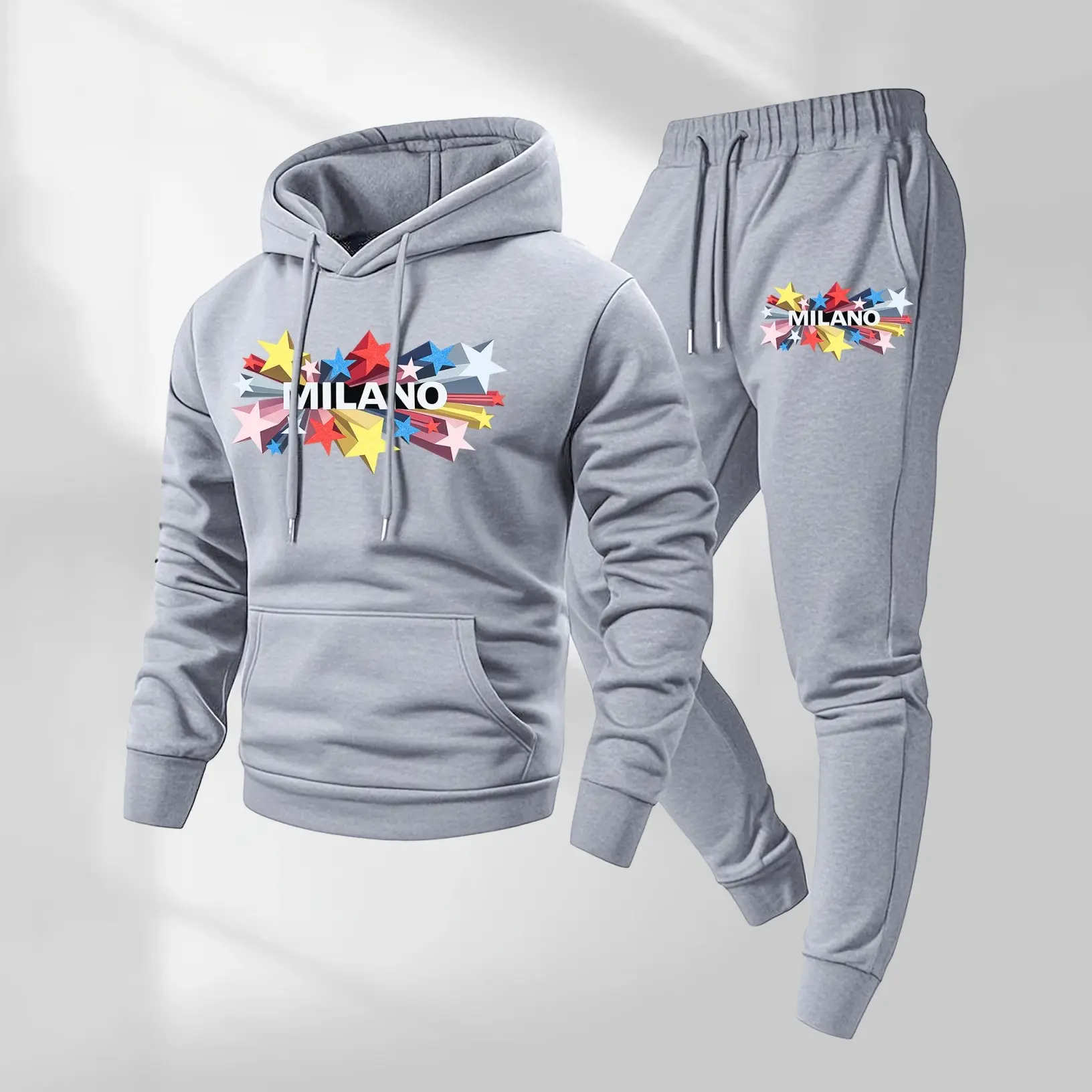 Men's Light Gray 2-Piece Tracksuit, Sporty Chic MILANO Letter Print Hoodie and Pants Set, Loose-Fit Soft Polyester Fabric for Autumn Winter Daily Wear, Long Sleeve, 100% Polyester, Casual Fit, Loose-Fitting, Drawstring, Breathable, Fashion