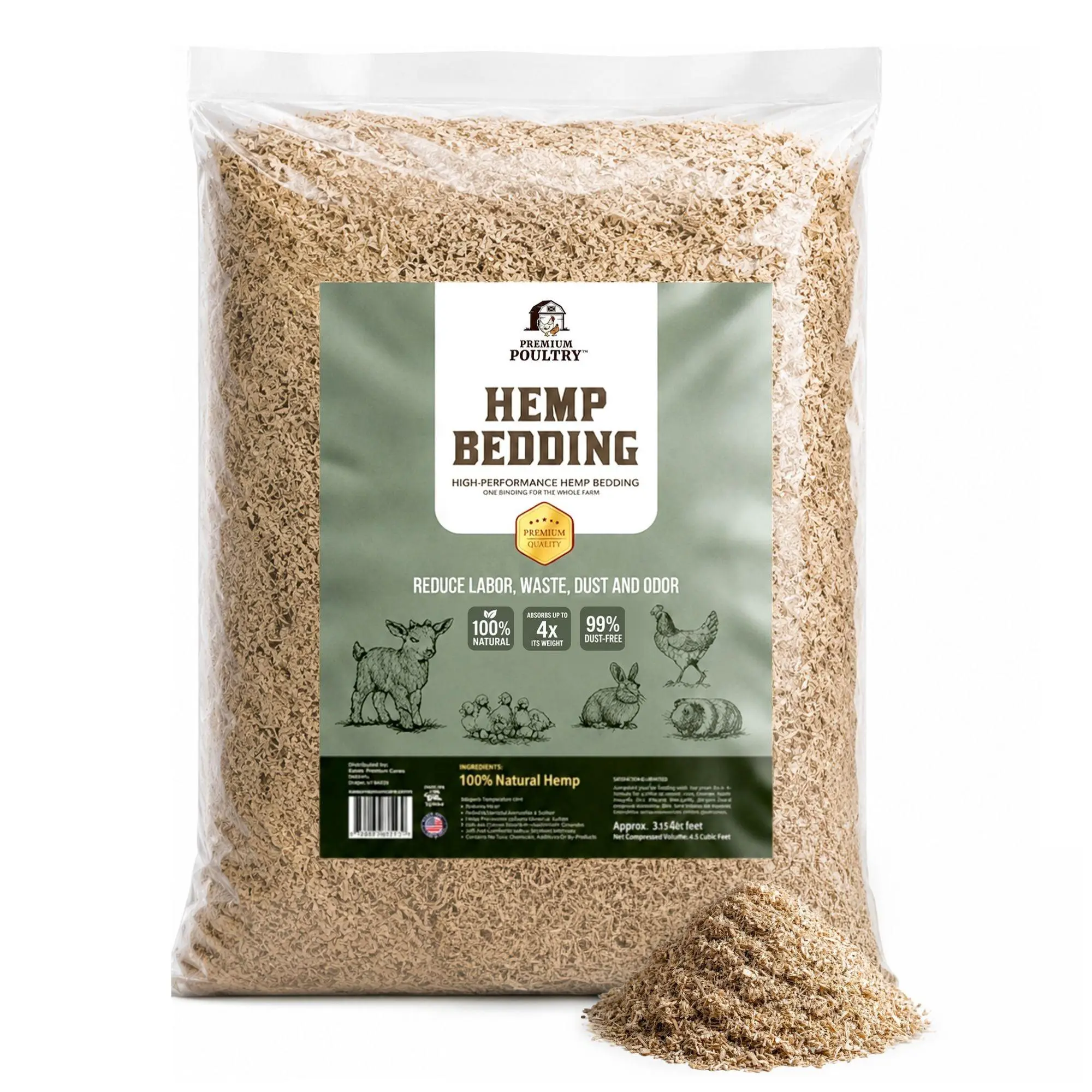 Premium Poultry Hemp Bedding Low Dust Absorbent Chicken Coop Substrate, 22.5 Lb
