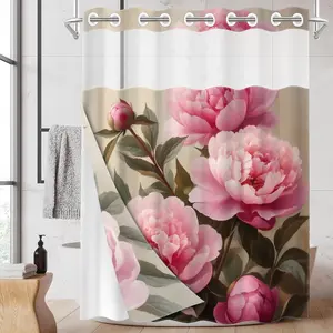 1pc 2D Flat Printing hookless shower curtain hanger liner Pink Peony Oil Painting Fabric waterproof lining shower curtain with transparent window, double-layer shower curtain, 71 x 74 inches, modern home curtain decoration