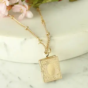 Gold Book Locket Necklace - Elegant Adjustable Link Chain & Lobster Clasp Closure for Book Lovers