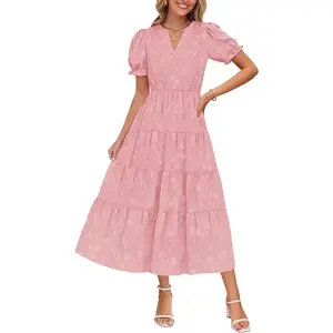 Women’s 2025 Summer Puff Short-Sleeve Midi Dress – Floral V-Neck, Textured Ruffles, Flowy Beach Party Dress