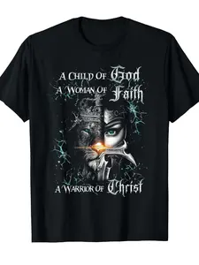 Men'S Christian Faith T-Shirt - "A Child of God, A Woman of Faith, A Warrior of Christ" Religious Graphic Tee - Black Shirt with White Gothic Lettering - Regular Fit Round Neck Casual Church & Casual Attire - All-Season Spiritual Apparel for Men, Faithbas