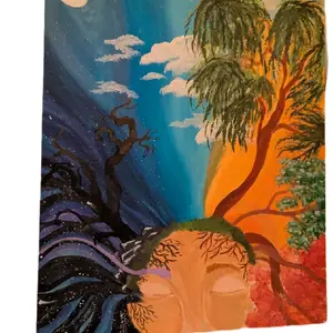 Changing Seasons Original Acrylic Painting on 16x20 Canvas Board Featuring Night Sky and Tree Artwork