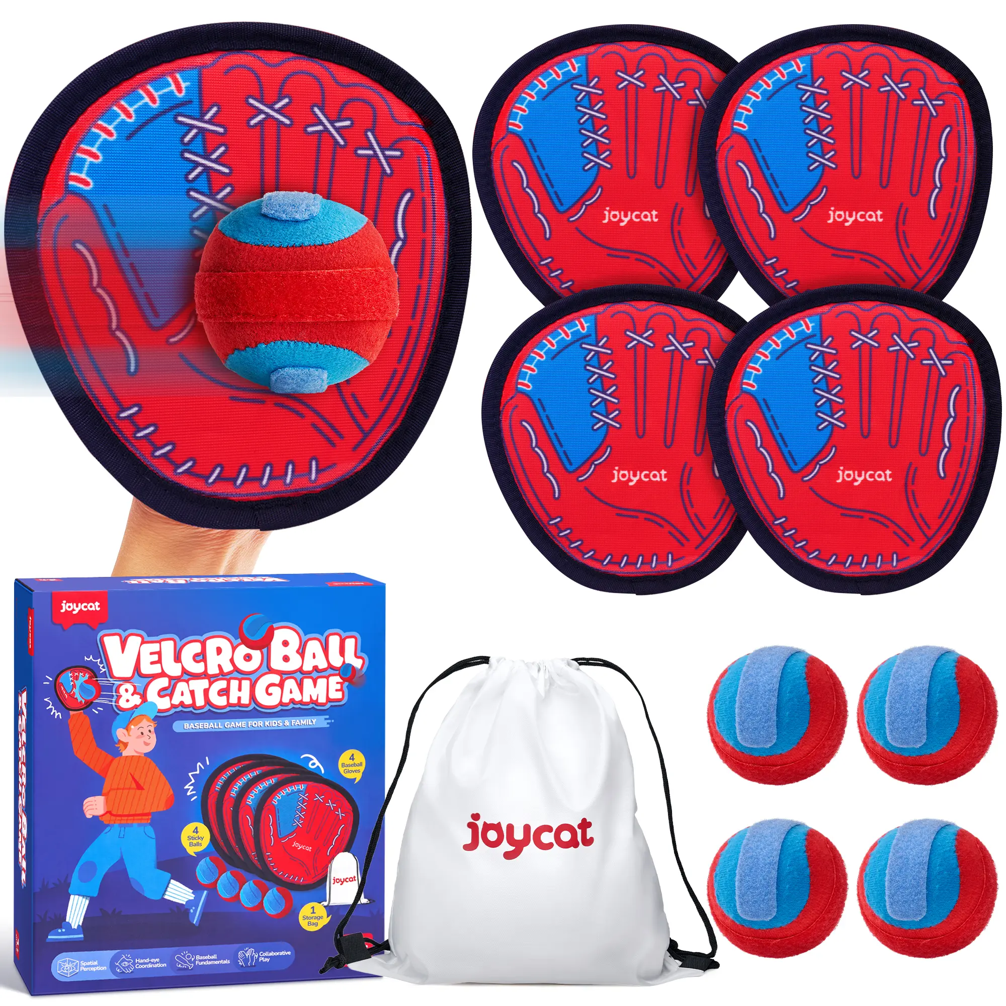 JOYCAT Unisex Velcro Ball and Catch Game Set - 4 Polyester+EVA Breathable Gloves Paddles, Soft Ball, Backyard Baseball Set for Kids Outdoor Play, Kids Toys, Simple Rules Instant Play Cool Gifts for Ages 3-12/Adults