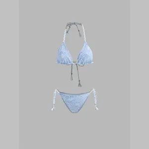 Cider Halter Neckline Floral Beaded Triangle Tie Side Bikini Set