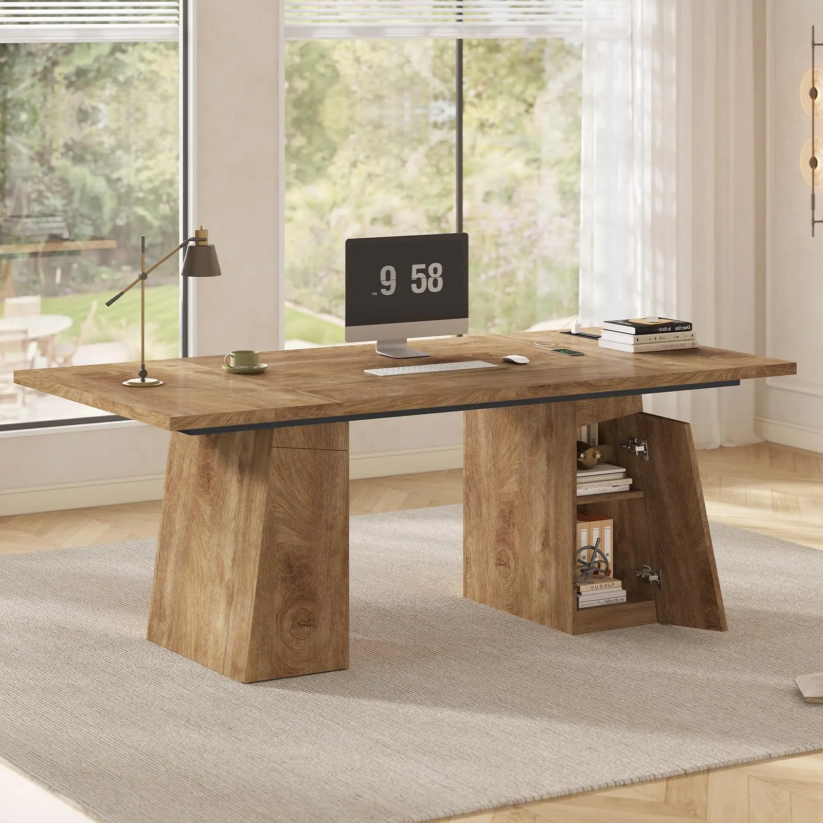 63" Executive Desk with Power Outlets, Large Office Computer Desk with Double Pedestal, Modern Simple Workstations Writing Table Conference Table Business Furniture for Home Office, Oak