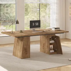 63" Executive Desk with Power Outlets, Large Office Computer Desk with Double Pedestal, Modern Simple Workstations Writing Table Conference Table Business Furniture for Home Office, Oak