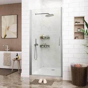 Garvee Single Swing Shower Door 34 inch W x 72 inch H, Tempered Glass Pivot Shower Door with Brushed Aluminum Frame, Space-Saving Frameless Design for Contemporary Bathroom Renovation