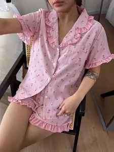 Valentine's Day Women's Sleepwear Set, Floral Print Ruffle Short Sleeve Shorts Pajamas, Open Front Comfortable Loungewear