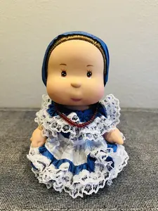 La Salvadoreña Doll in Blue and White Lace Dress with Pearl Necklace Collectible Doll