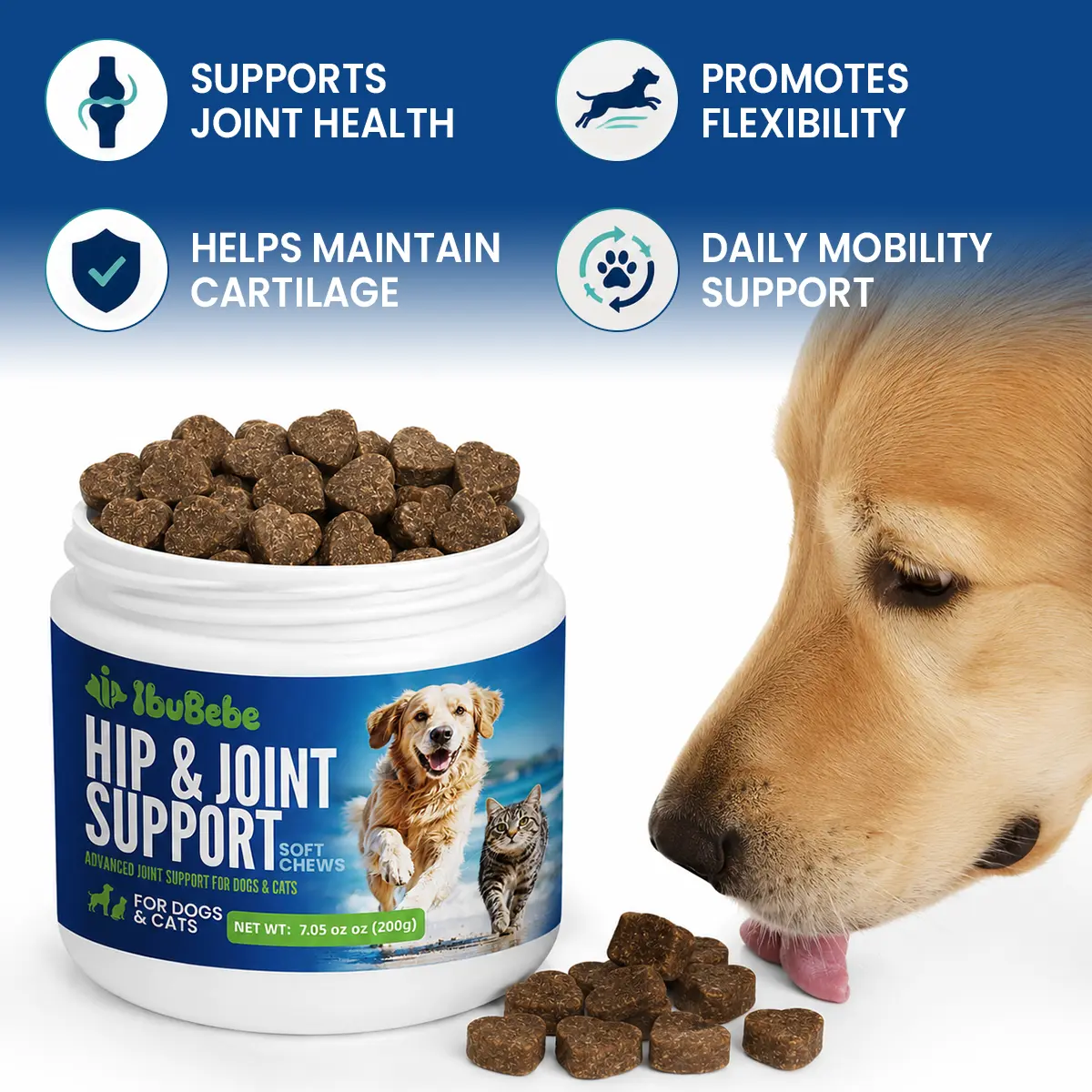 Hip & Joint Supplement for Dogs & Cats | Glucosamine, Chondroitin, UC-II Collagen & Green-Lipped Mussel for Joint Mobility Support, 100 Soft Chews senior