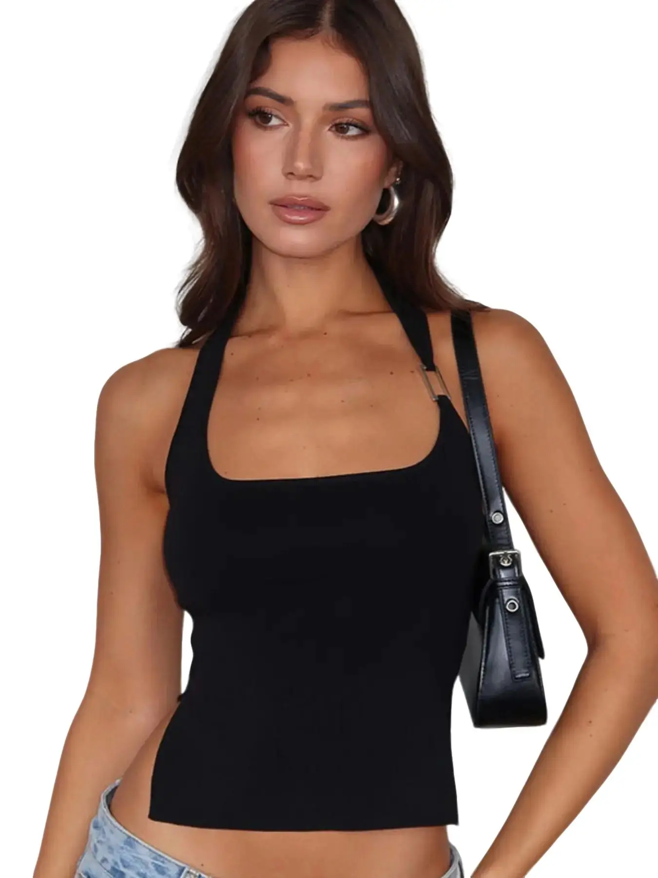 Women's Solid Backless Split Hem Halter Neck Tank Top, Casual Sleeveless Crop Top for Summer, Women's Clothing for Daily Wear, Womenswear, Halter Tops