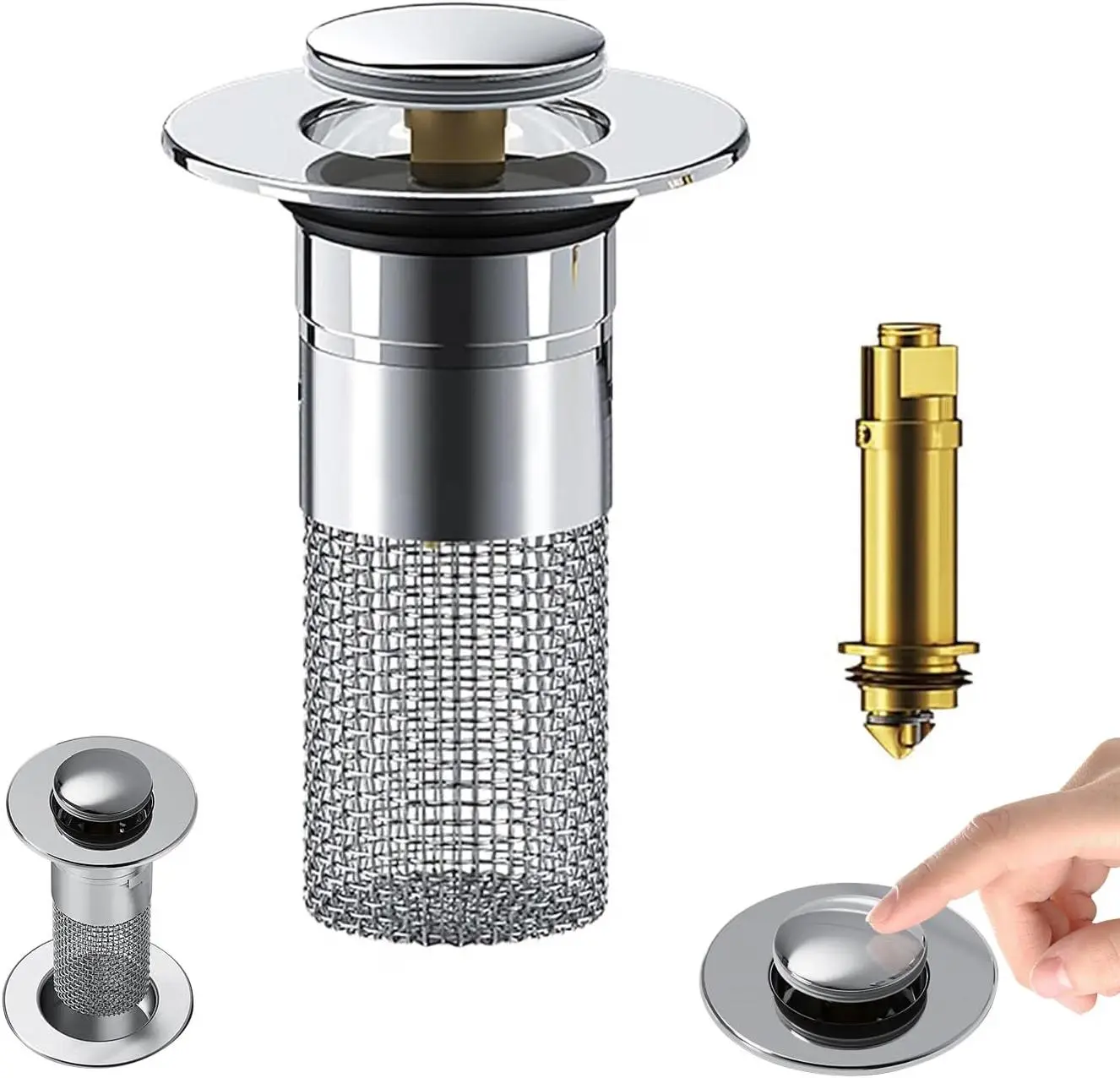 Pop-Up Sink Drain Stopper with Stainless Steel Filter Basket, Bathroom Sink Plug and Hair Catcher, Removable Drain Strainer for Floor and Basin Drains