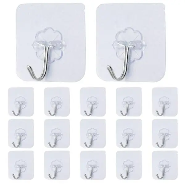 20 Pack Adhesive Hooks for Hanging, Heavy Duty Wall Hooks, Removable Sticky Ceiling Hooks, Transparent Self Adhesive Shower Hooks, Waterproof and Oilproof Reusable Seamless Hooks(2.36 inch)