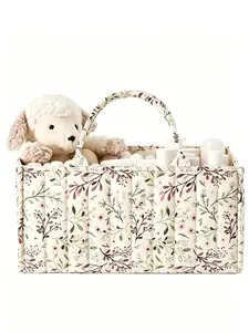 Floral print quilted storage basket with handle, large capacity multi-purpose storage bag, soft cosmetic and sundries storage bag, suitable for home and travel