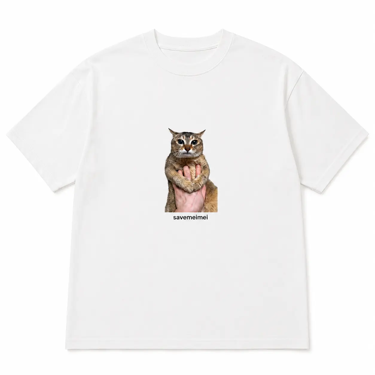 Save MeiMei Cat Hand Held Funny #savemeimei Meme Graphic T-Shirt savemeimei White Unisex Oversized Cotton Casual Short Sleeve Tee Aesthetic Streetwear Apparel Summer Top