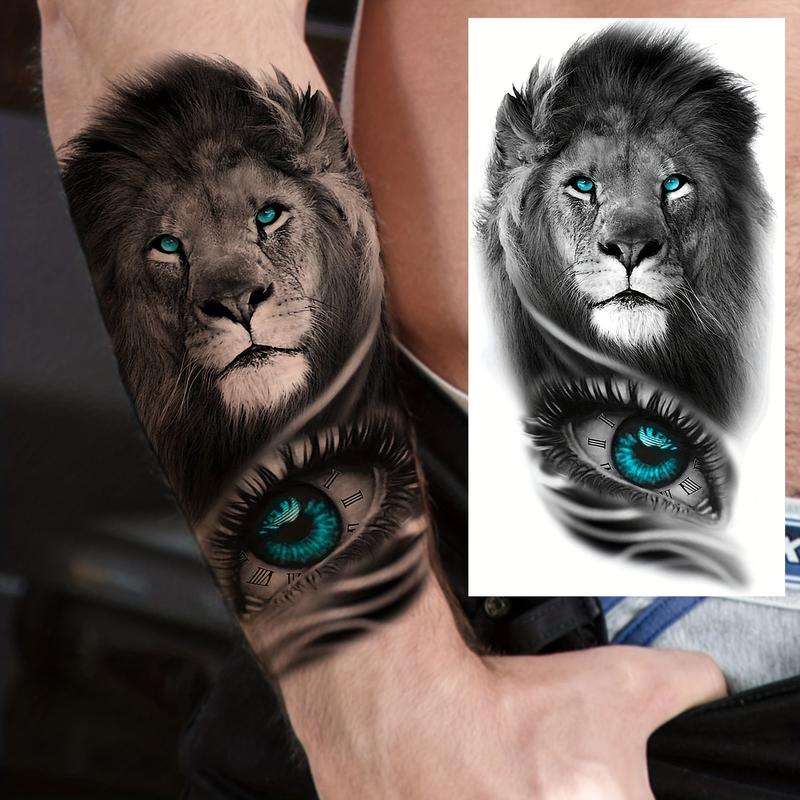 8 Sheets 3D Tribal Wolf Lion Tiger Temporary Tattoos, Men Adult Half Arm Sleeve Tattoo, Dragon Gang Eyes Totem Fake Tattoo Stickers, Body Fake Tattoos