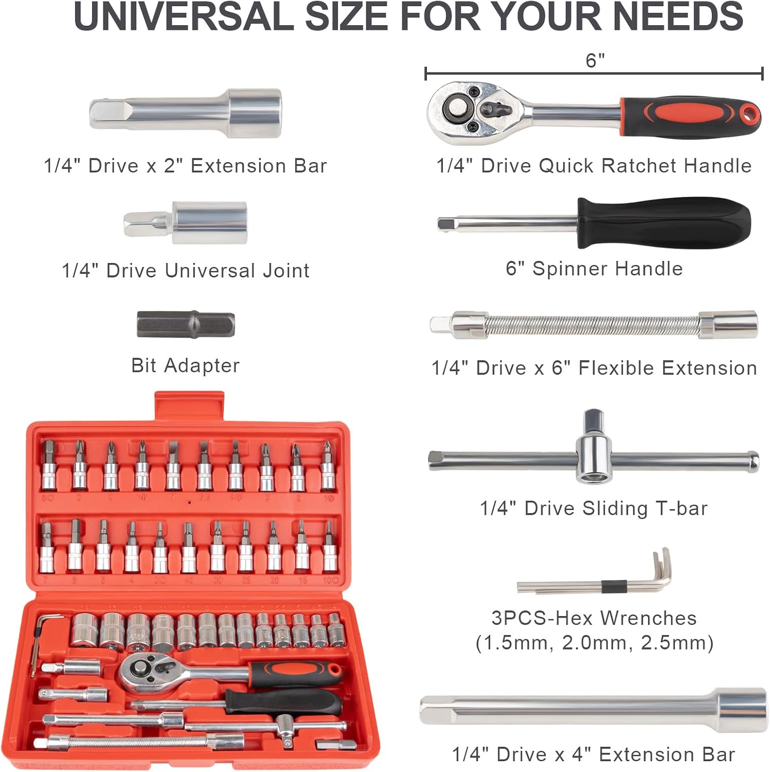 46PCS Small Drive Socket Ratchet Wrench Screwdriver Set, 1/4 Inch Metric Socket and Ratchet Wrench Set with Extension Bar, Upgrade Compact Tool Set for Car