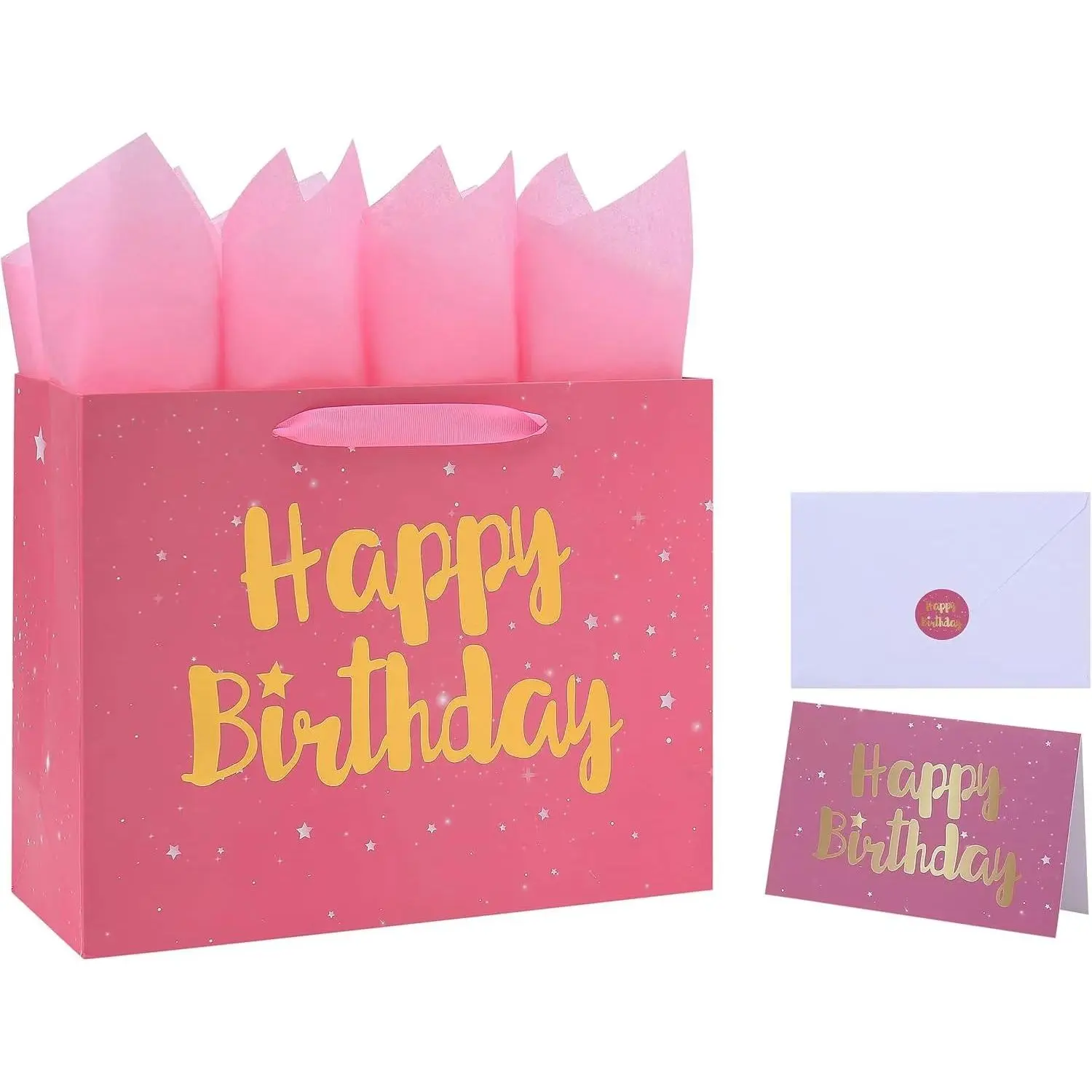 13" Large Gift Bag Set with Greeting Card and Tissue Papers (Stars and Gold Foil u2018Happy Birthdayu2019) for Women's Party, Girls' Birthday Parties, - 13u201Dx5.2u201Dx10.2u201D, 1 Pcs.