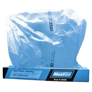 MAXIFILM Blue Plastic Cover Sheeting Roll, 16ft x 350ft, 8 Micron 0.3 Mil Protective Film for Auto Car Painting, Bodyshop Repair, Garage