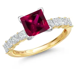 Gem Stone King 14K Two Tone Gold Princess Cut Gemstone Birthstone and White Lab Grown Diamond Engagement Ring For Women | Princess 7MM and 2.5MM | Wedding Anniversary Promise Ring | Available in Size 5,6,7,8,9
