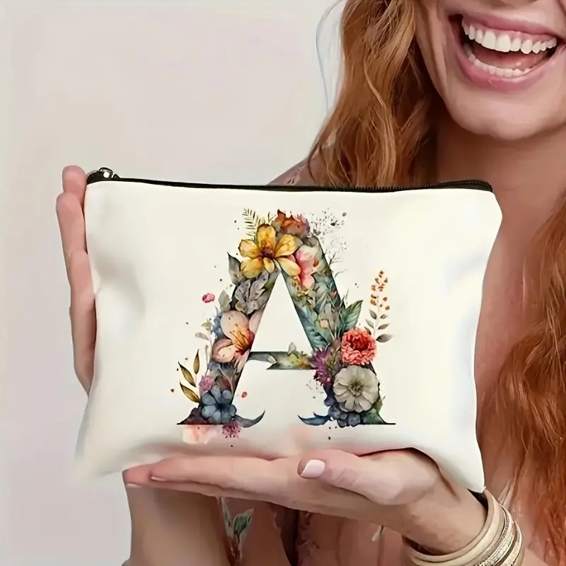 Christmas Gifts: Beautiful Flower Toiletry Bag with 26 English Letters. This Versatile Cosmetic Bag Can Be Used as a Handbag, Toiletry Pouch, Pencil Case, or Gift Bag. It Makes the Perfect Gift for Mothers, Daughters, Best Friends, Teachers, and