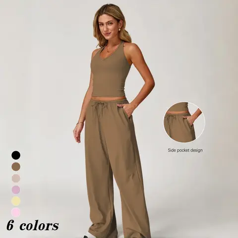 TCVC Women's Spring Summer Casual Solid Color Pocket Set, Sleeveless Top & Loose Pants, Comfortable for Daily & Work Wear