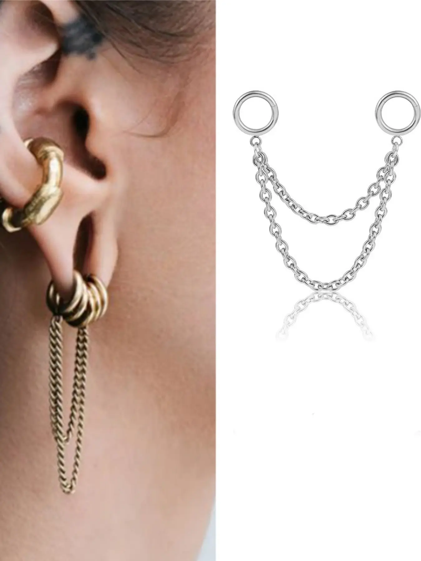 vanku 1pcs Double Chain Ear Cuff, Non Piercing Earrings, Fashionable Earrings, 316L Stainless Steel Hypoallergenic Dangle, Dangly Earrings, Streetwear & Festival Jewelry,