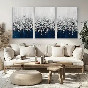 3pc Navy Blue & Silver Leaf Oil Painting Photo Set - High-Quality Print, Modern Classic Art, Modern Home Decor for Living Room, Office, Perfect Gift for Mother’s Day, Post Ideas Wall Hanging Ornament (Collectibles Prints & Posters)