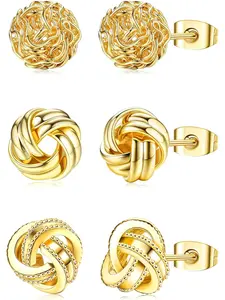 3 Pairs 14K Gold Plated Knot Earrings For Women Earrings Jewelry Hypoallergenic Small Stud Earring Woven Ball Stud Earrings Knot Post Earrings for Sensitive Ears